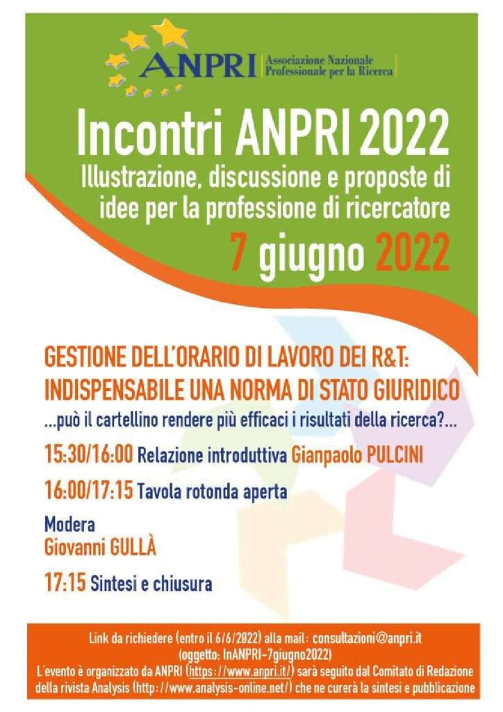 Incontri ANPRI 2022, gestione dell’orario di lavoro dei Ricercatori e Tecnologi